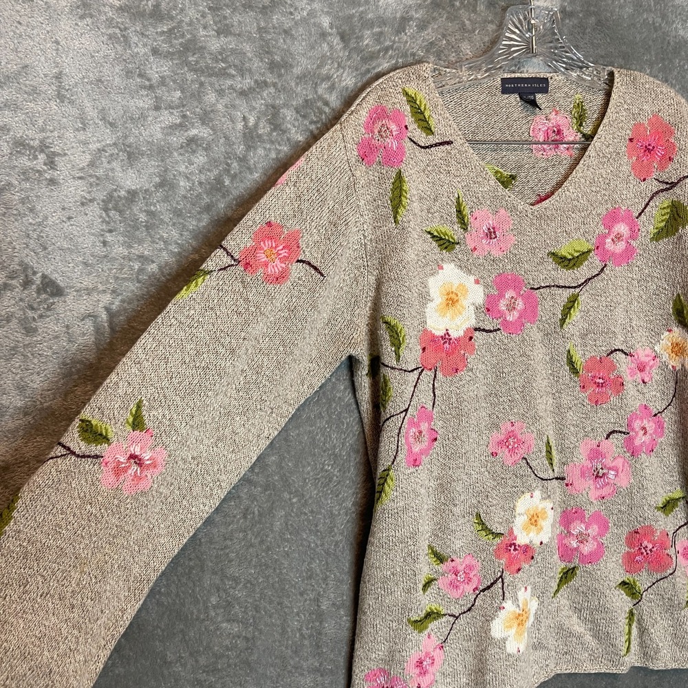 Northern Isles Women Linen Blend Knit Sweater XL Floral Boho Feminine Mori Kei
